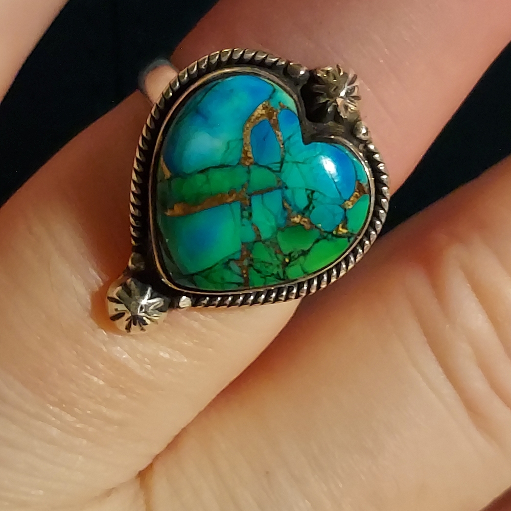Kingman Peacock Dalia Heart Ring with Star Shots Sterling Silver Size 8 - Picture 4 of 8